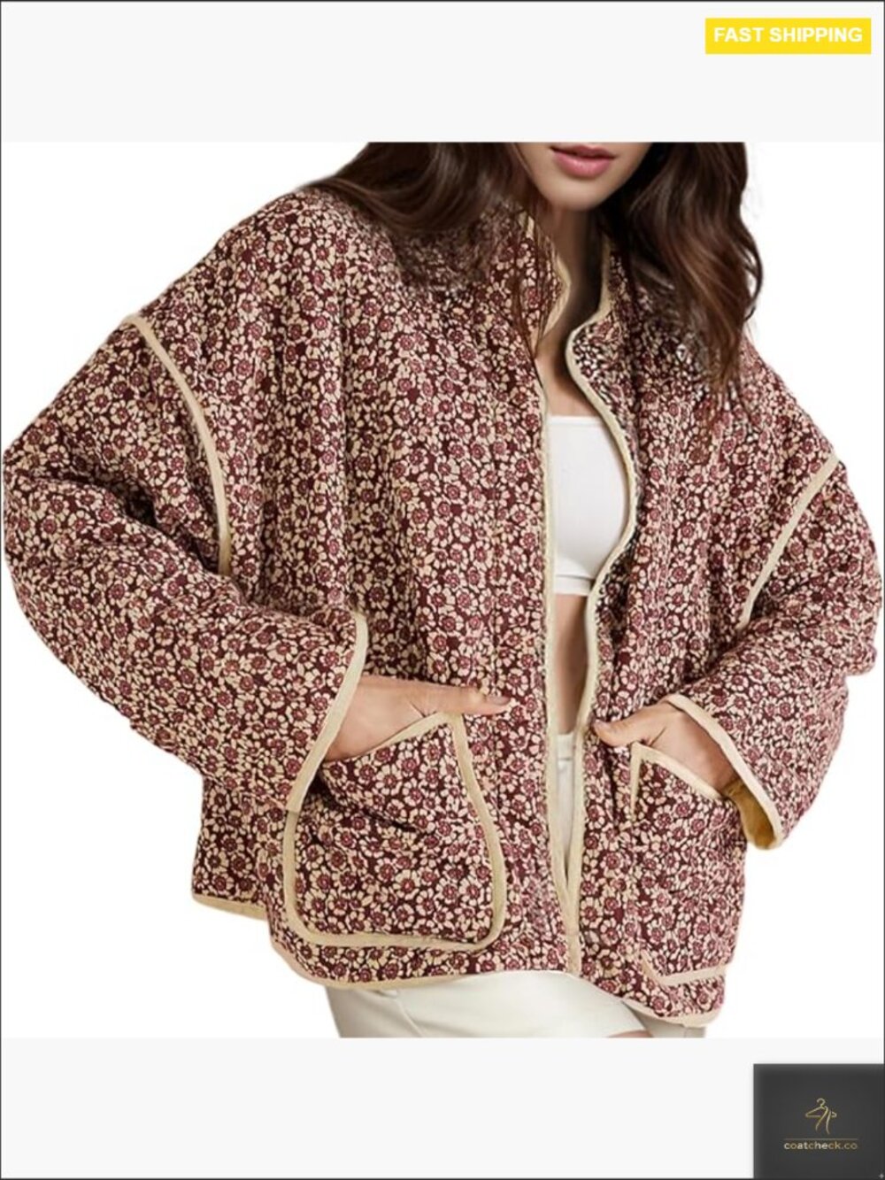 Quilted Floral Puffer Jacket in Burgundy with Cream Trim